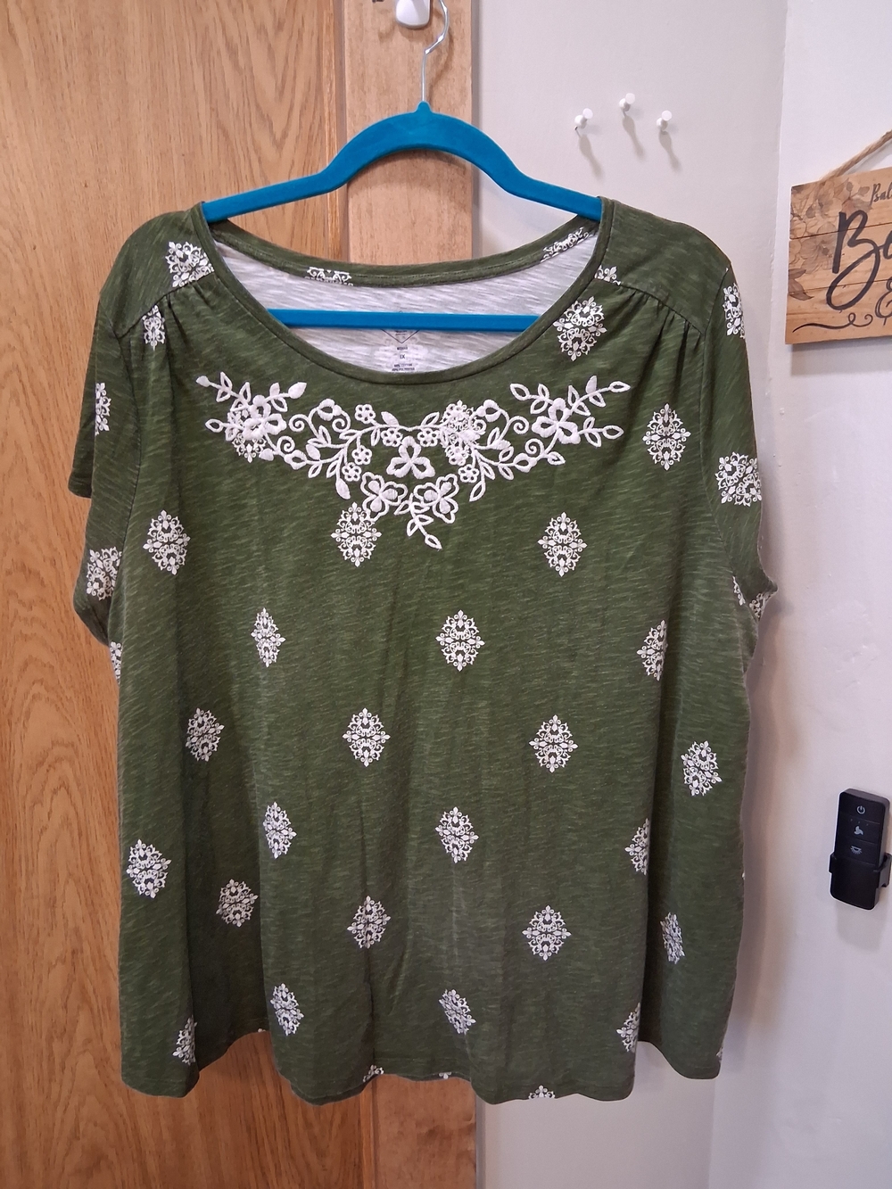St. John's Bay Olive Green Short-Sleeve Tee with White Embroidery